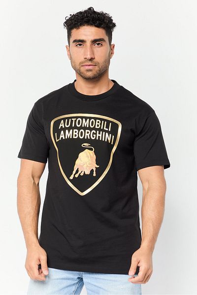 Lamborghini Men Crew Neck Short Sleeve Brand Logo T-Shirts, Black