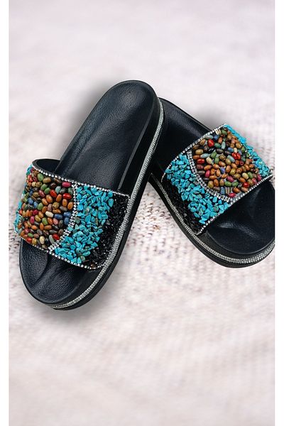MODA ÇİMEN Women's Wedge Heeled Stone Special Design Slippers