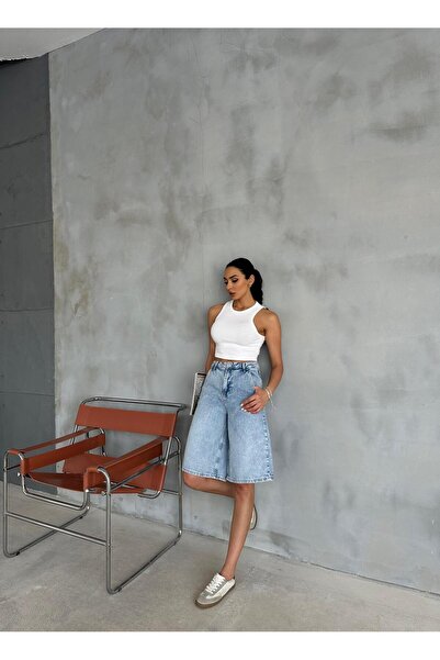 Zeo Basic BERMUDA ŞORT ORTA MAVİ TAŞLAMALI  YIKAMA