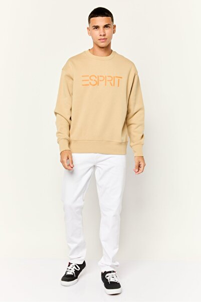 Esprit Men Ribbed Collar Long Sleeves Brand Logo Sweatshirts, Tan