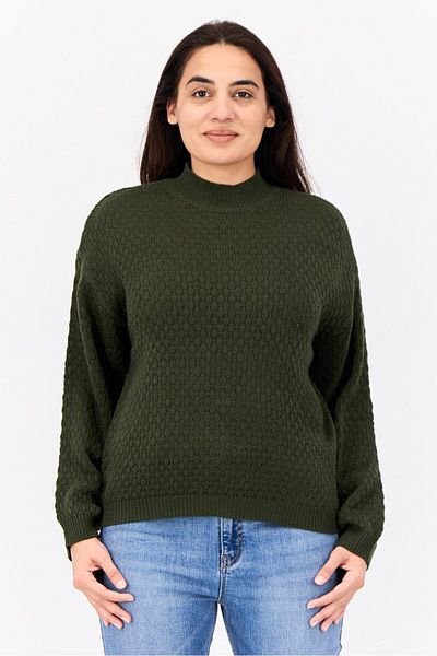 No Comment Women Ribbed Collar Textured Sweaters, Dark Green