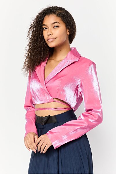 Heartbreak Women Notched Collar Long Sleeve Metallic Blouse, Pink