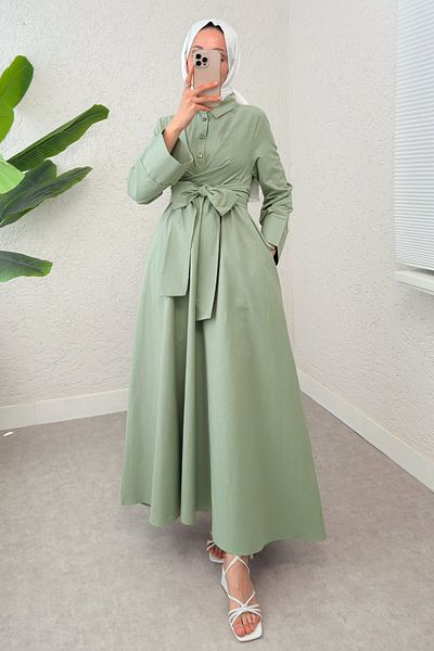 Salih Çelebi Front Tie Hijab Dress 2534 - Mint Green