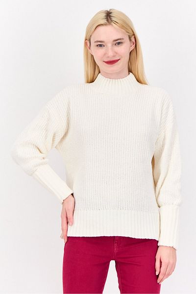 PİNK ROSE Women Mock Neck Knitted Sweater, Off White