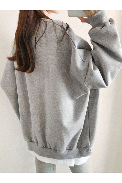 DUBU BUTİK Georgia - Gray Oversize Crew Neck Sweatshirt
