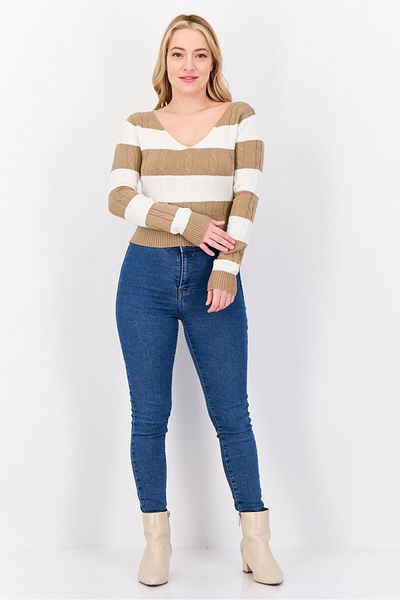 No Comment Women V Neck Stripe Knitted Sweater, Multicolor