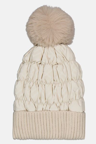 Justin Gregory Women Plaid Puffer Beanie With Pom, Off White