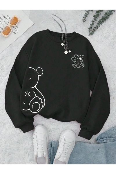 DUBU BUTİK Φούτερ Ok Bear - Μαύρη στάμπα, χοντρή χειμερινή λαιμόκοψη