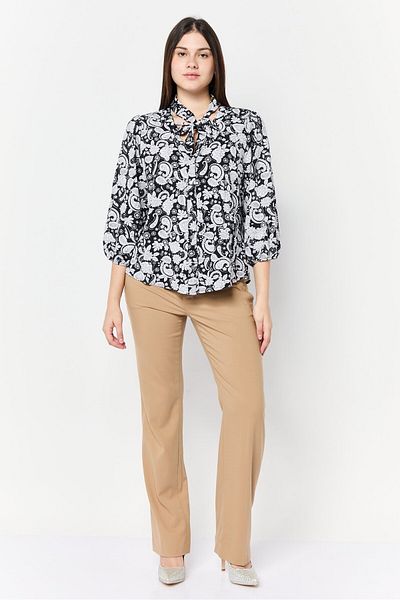 Adrienne Vittadini Women Tie Neck Allover Printed Top, Black/white