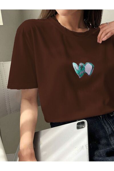 MEİLİFENG Žensko smeđe duplo srce Štampano Oversize kroj T-shirt