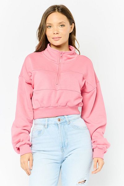 NIA Women High Neck Plain Crop Sweatshirt, Pink