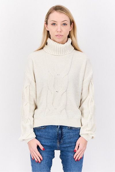 PİNK ROSE Women Turtle Neck Knitted Sweater, White