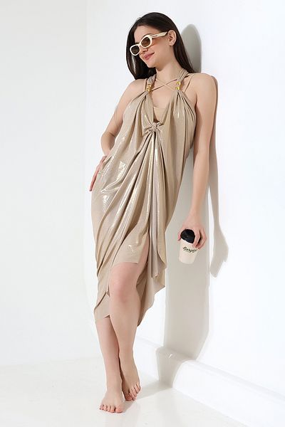 Esberin Long Foil Printed Pareo with Bead Detail