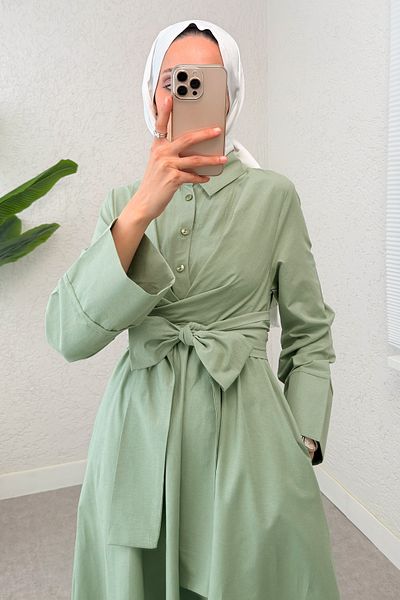 Salih Çelebi Front Tie Hijab Dress 2534 - Mint Green