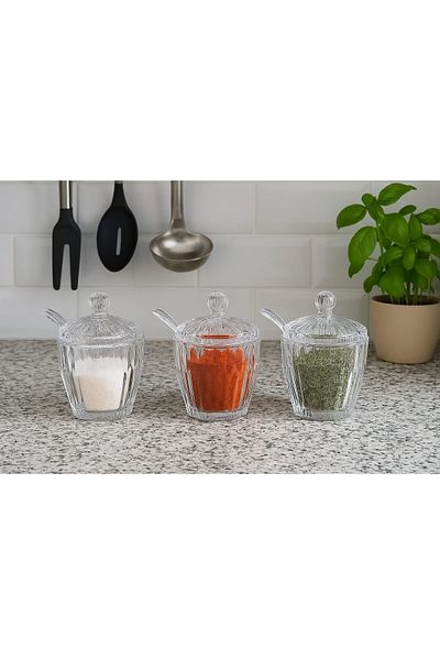 FAIR HOME Line Striped Pattern Round Plastic Glass Sugar Bowl Set with Spoon - 3 Pieces