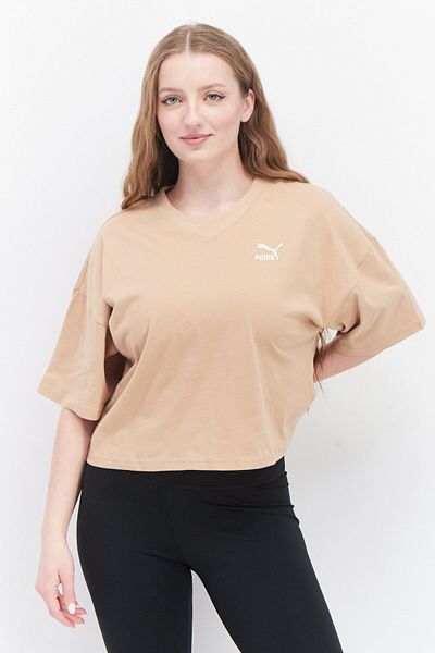 Puma Women Oversized Fit Short Sleeve Brand Logo Training T-Shirt, Dusty Tan