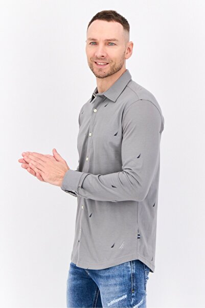 Nautica Men Classic Fit Embroidered Logo Long Sleeve Casual Shirt, Grey