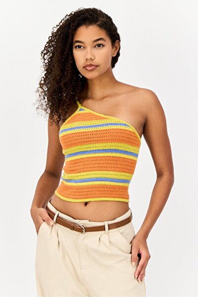 Reclaimed Vintage Women Asymmetrical Neck One Shoulder Yarn Dye Top, Multicolor