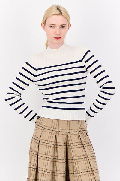 No Comment Women Mock Neck Long Sleeve Yarn Dye Sweater, Multicolor