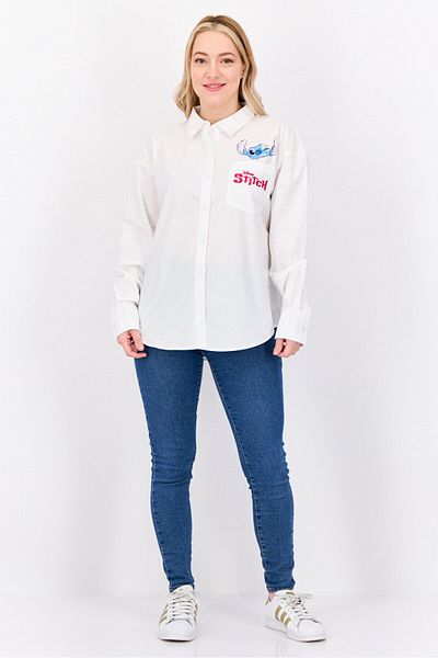 Disney Women Pointed Collar Long Sleeves Embroidered Shirt, White