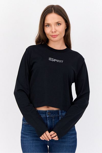 Esprit Women Crew Neck Long Sleeve Long Sleeve Brand Logo T-shirts, Black