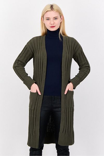 PİNK ROSE Women Split Neck Textured Cardigans, Dark Olive