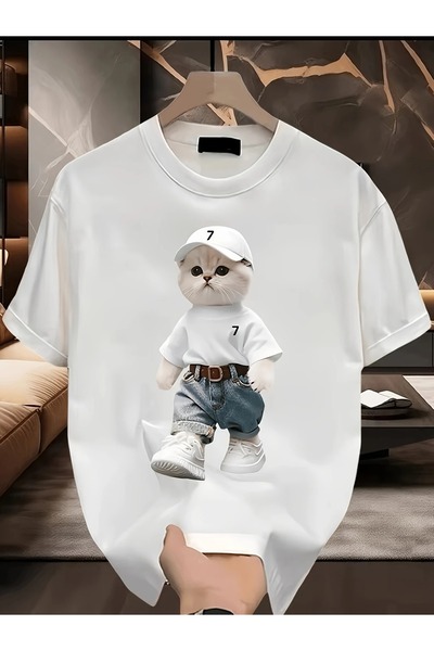 LAND MODA Γυναικείο μπλουζάκι με στάμπα 100% Cute Cartoon Cat - Casual κοντομ...