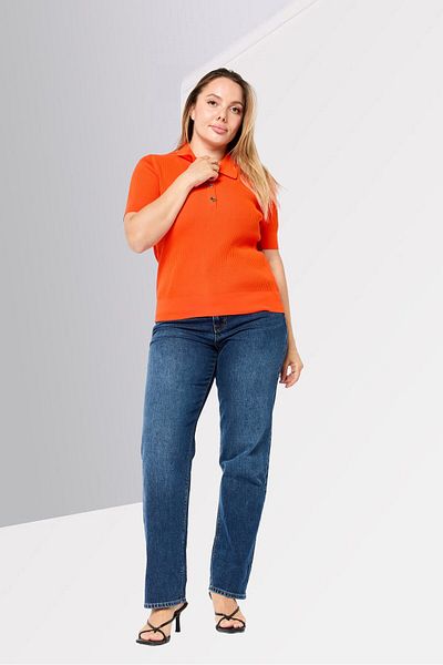 Michael Kors Women Regular Fit Short Sleeve Rib Knit Polo Shirts, Optic Orange