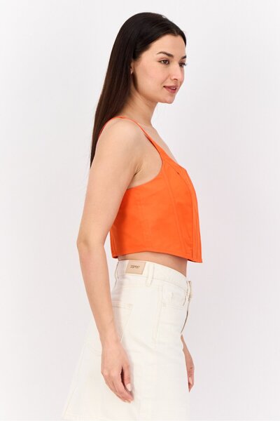 Esprit Women Scoop Neck Sleeveless Shirred Cropped Top, Orange