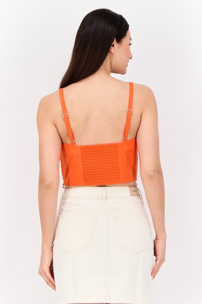 Esprit Women Scoop Neck Sleeveless Shirred Cropped Top, Orange