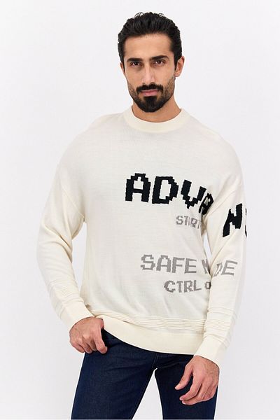 Selected Homme Men Oversize Crew Neck Long Sleeve Allover Print Sweater, Off White Combo