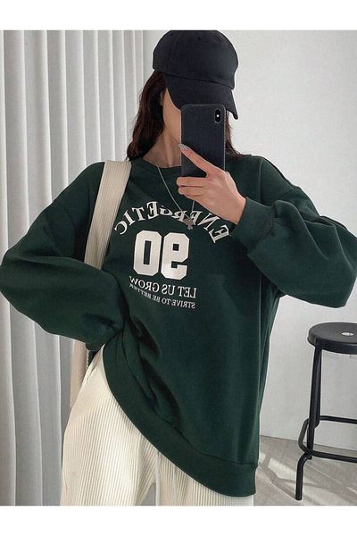 DUBU BUTİK 90 Energetic Sweatshirt - Green Printed Oversize Thick Winter Crew Neck