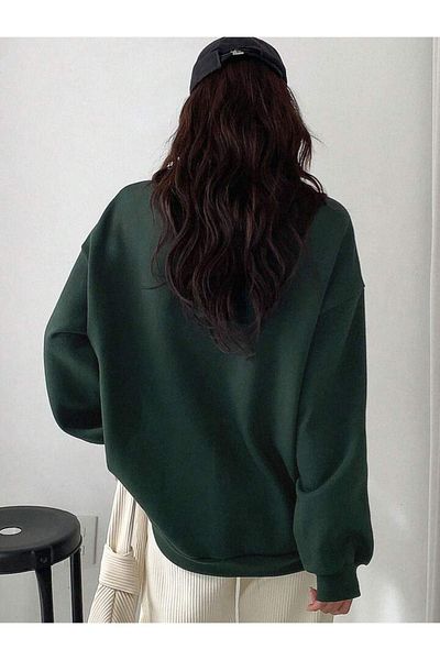 DUBU BUTİK 90 Energetic Sweatshirt - Green Printed Oversize Thick Winter Crew Neck