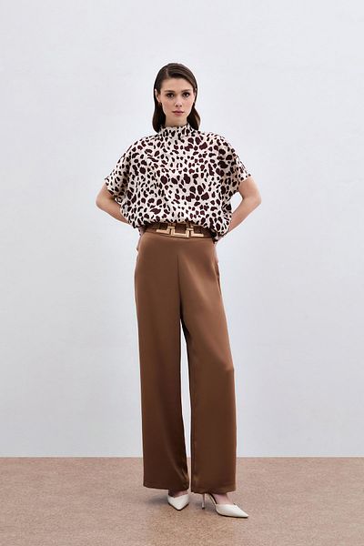 Sateen Beige-Brown Bat Sleeve Loose Blouse