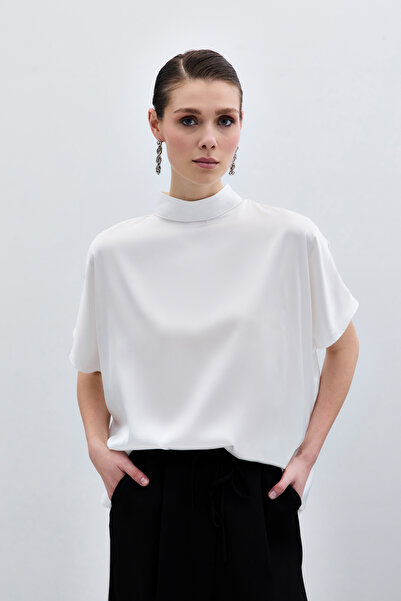 Sateen Yarasa Kol Salaş Bluz - Ekru