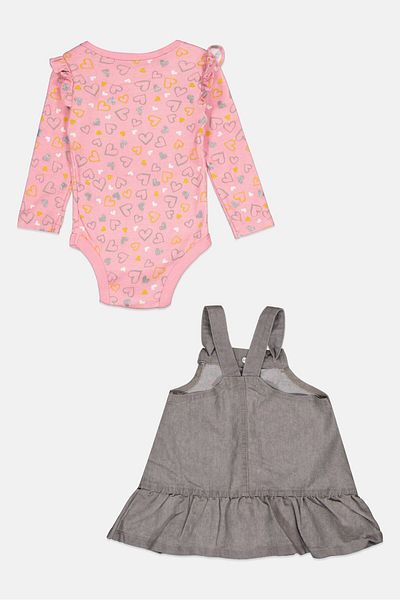NANETTE LEPORE Toddlers Girl 2 Piece Allover Printed Bodysuit With Dress, Grey/pink