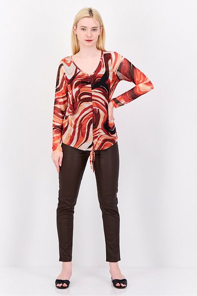 CYRUS Women V Neck Long Sleeve Allover Print Top, Red