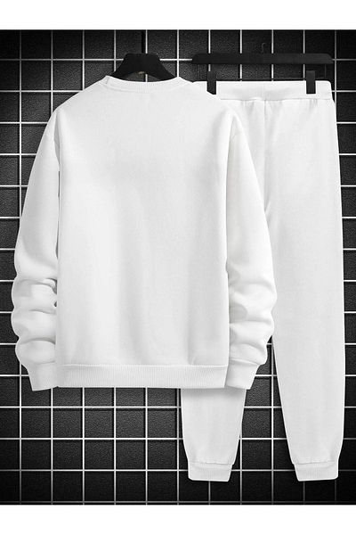 DUBU BUTİK Σετ φόρμας Paris Striped Sweatshirt Jogger - White Printed Oversize Rastered Crew Neck