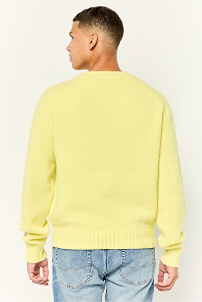Esprit Men Ribbed Collar Embroidered Logo Sweaters, Acid Yellow