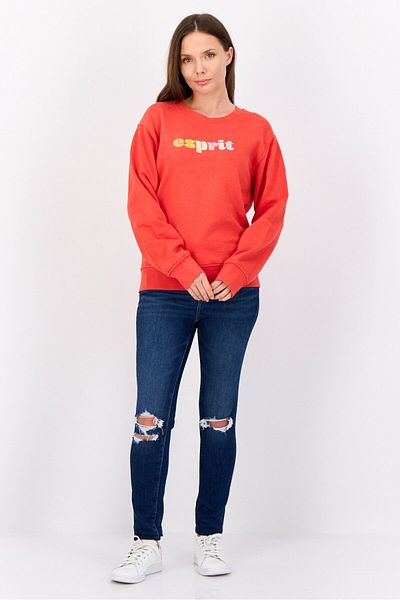 Esprit Women Crew Neck Long Sleeves Embroidered Logo Sweatshirt, Red