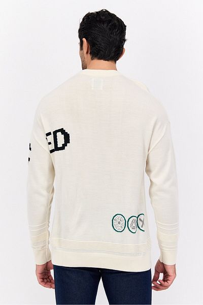 Selected Homme Men Oversize Crew Neck Long Sleeve Allover Print Sweater, Off White Combo