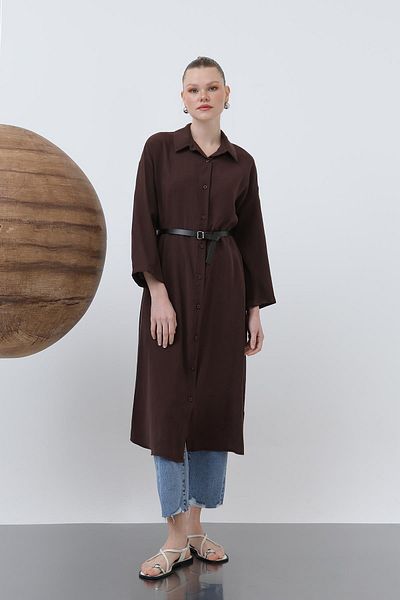 Loreen Women's Long Belt Detailed Shirt Dress - 20629Elb - Brown