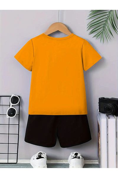 vinraus Girl\Boy Orange-Black Astronaut Printed Combed Cotton Shorts-Tshirt Set