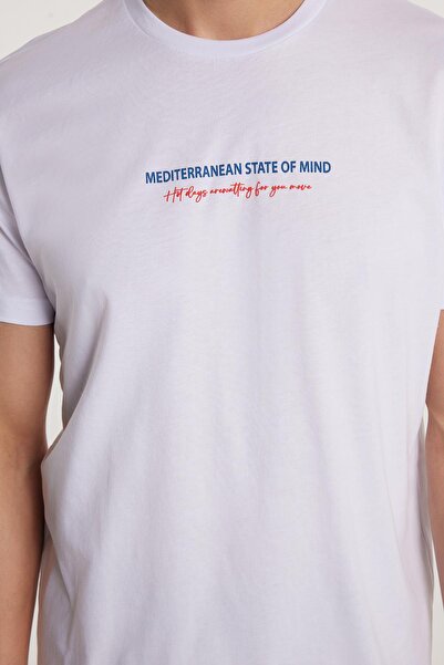 Tudors Ανδρικό T-shirt Slim Fit Slim Fit 100% βαμβακερό τυπωμένο λευκό μπλουζάκι με λαιμόκοψη