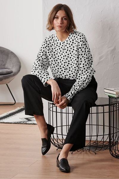 Tchibo Women Round Neck Long Sleeves Polka Blouse, White