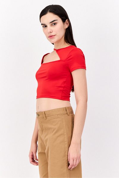 Don't Call Me Jennyfer Women Round Neck Short Sleeve Plain Top, Red
