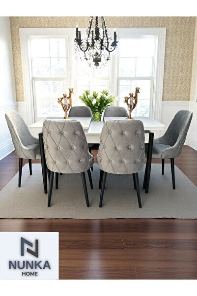 NUNKA HOME 6 Kişilik Beyaz Kelebek Yemek Masası Takımı Baybface Sandalyeli Modern Tasarım