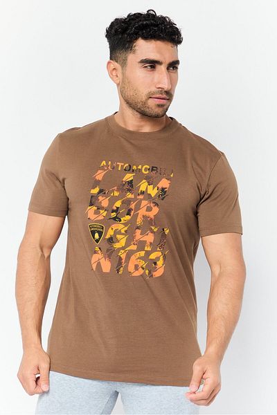 Lamborghini Men Sportswear Fit Short Sleeve Outdoor T-Shirt, Dark Brown