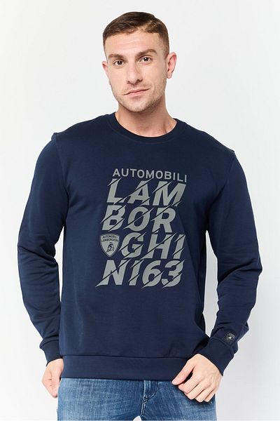 Lamborghini Men Crew Neck Brand Logo Long Sleeve Sweatshirt, Navy