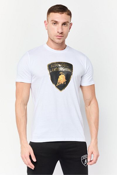 Lamborghini Men Crew Neck Short Sleeves Brand Logo T-shirt, White